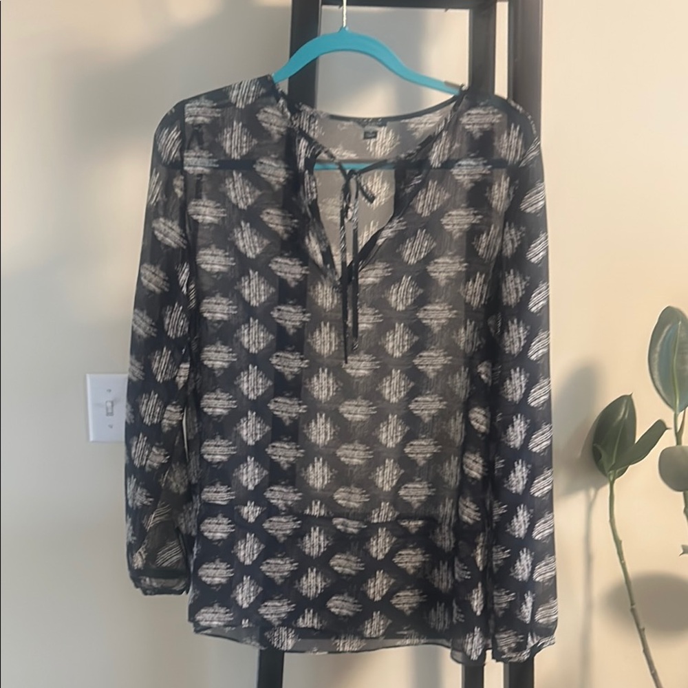 70.  Ann Taylor Blue and White Blouse with Tie Front and Long Sleeves